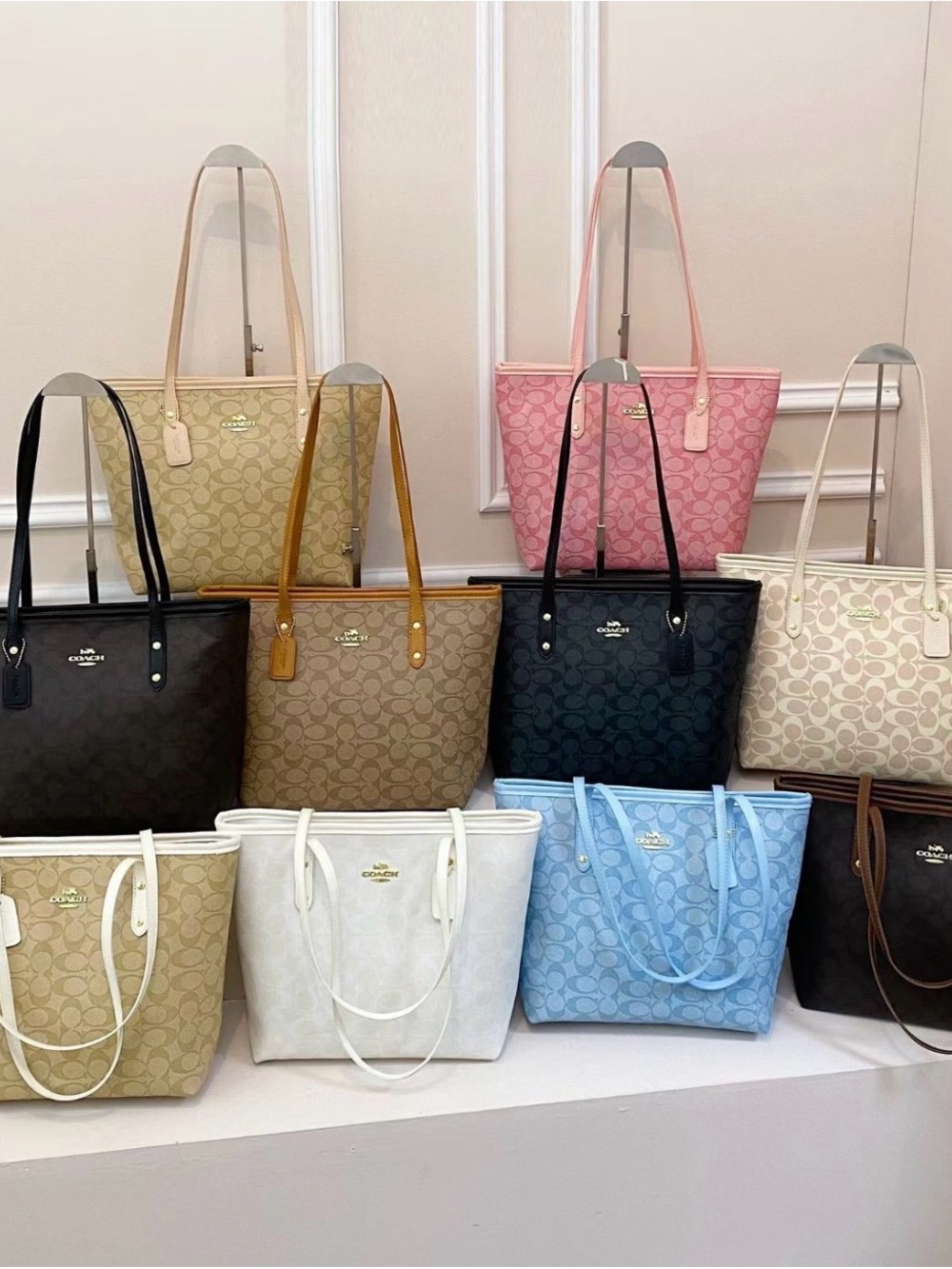 Coach Signature Tote in Pink, Light Blue, White, Black and Tan Options